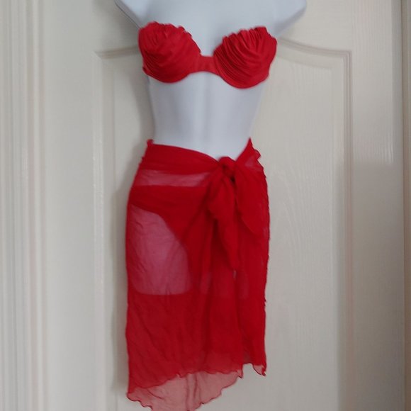MCM 100% Ultra Sheer Chiffon Red Scarf Made in France / 2piece sold separately - Picture 1 of 7